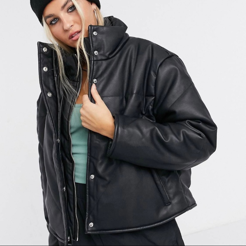 COLLUSION Double Layered Vegan Leather Puffer Jacket in Black Size US 4